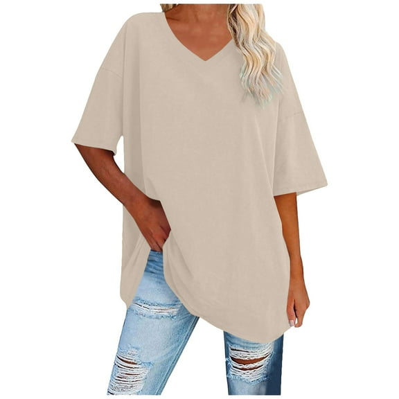 Pxiakgy Oversized Tshirts for Women Short Sleeve Round Neck V Neck Tops Basic Tee Shirts Blouse V Neck Short Sleeve Spring Workout Tops Beach Vacation Summer Casual Basic Loose Tops Beige 3Xl
