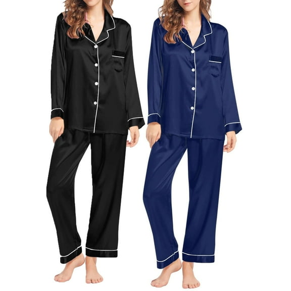 Pxiakgy Pajamas for Women Set Lady's Autumn Pajamas Long Sleeve Shirt Set Solid Color Casual Small Lapel Cardigan Wear Satin Pajama Set for Women Z-Blue L