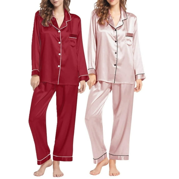 Pxiakgy Pajamas for Women Set Lady's Autumn Pajamas Long Sleeve Shirt Set Solid Color Casual Small Lapel Cardigan Wear Satin Pajama Set for Women Z-Pink1 Xl
