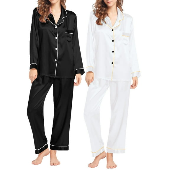 Pxiakgy Pajamas for Women Set Lady's Autumn Pajamas Long Sleeve Shirt Set Solid Color Casual Small Lapel Cardigan Wear Satin Pajama Set for Women Z-White M