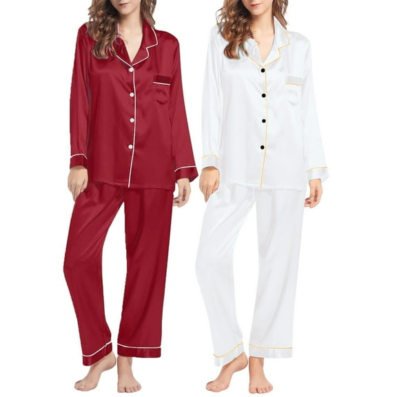 Pxiakgy Pajamas for Women Set Lady's Autumn Pajamas Long Sleeve Shirt Set Solid Color Casual Small Lapel Cardigan Wear Satin Pajama Set for Women Z-White1 L