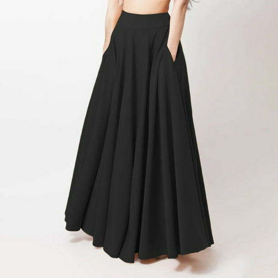 Pxiakgy Pleated Skirts for Women Women Fashion Loose Casual Long Large Solid Pleated Skirt Elastic Waist Skirt Long Skirts for Women Z-Black Xl