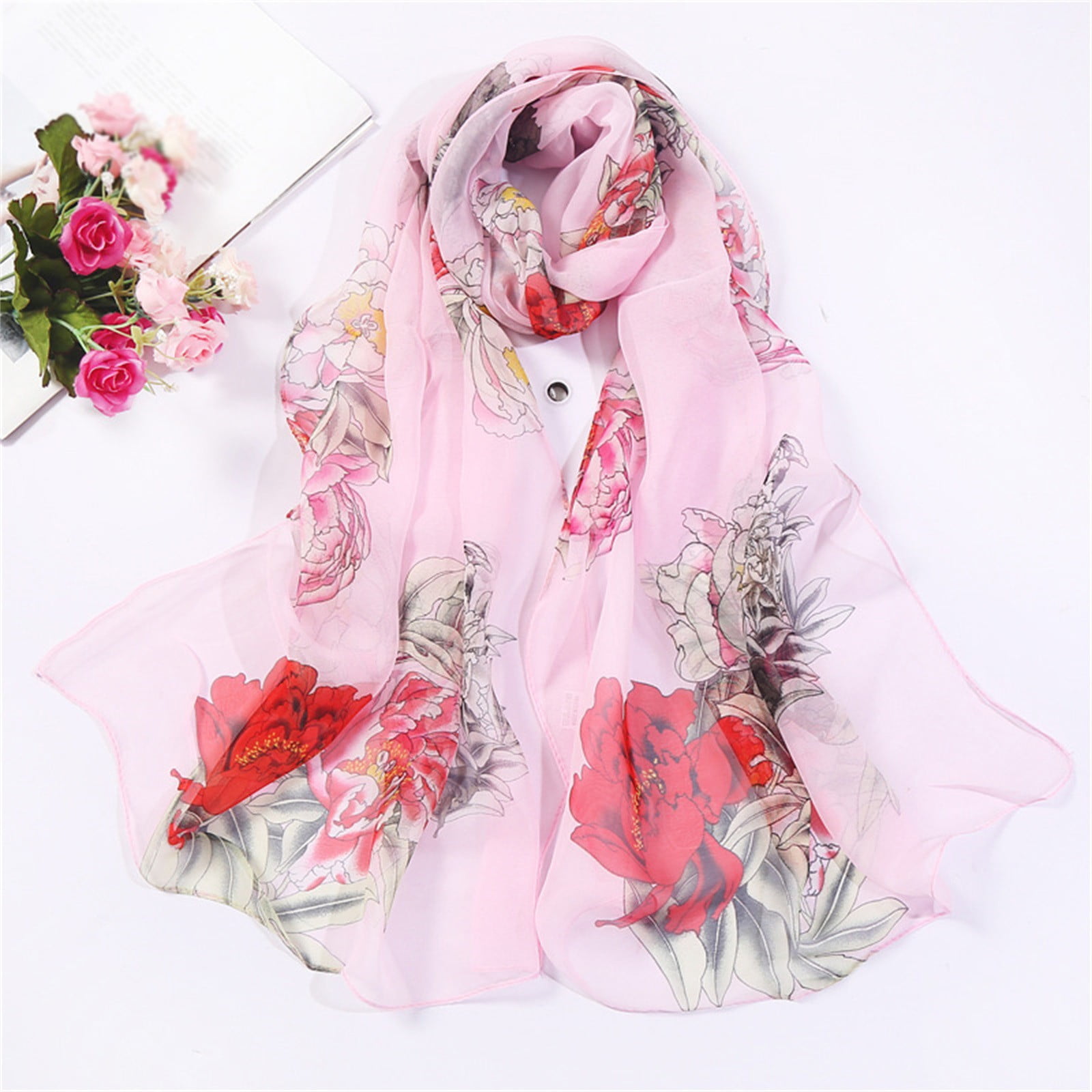 Lightweight Laurel Wreath Floral Print Chiffon Scarf for Women main image 0