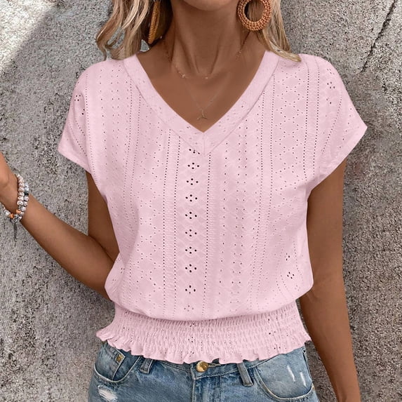 Pxiakgy Short Sleeve Shirts for Women Women's 2025 Spring And Summer V Neck Hollow Short Sleeved T Shirt Fashionable Casual Top Women's Short Sleeved T Shirt Pink L