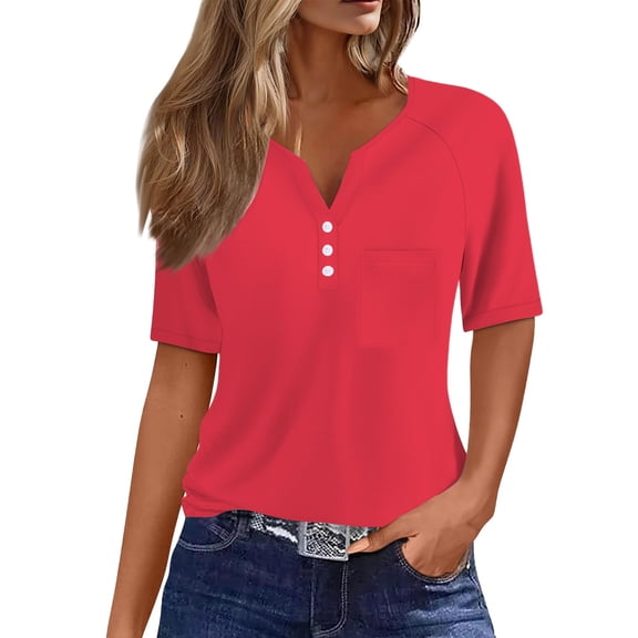 Pxiakgy Short Sleeve T Shirts for Women V Neck Tops with Pocket Loose Fit Blouse for Daily Wear Henley Summer Tops Casual Button Down Shirts Loose Fitted Gradient Tees Fashion Watermelon Red 3Xl