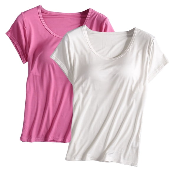 Pxiakgy Short Sleeve Top with Built In Bra for Women 2Pc Shirts with Bra Padded Bra Tunics Tops Comfy Athletic Active Tees Basic T Shirts Summer Tops Lightweight Soft Casual Outfits Clothes 2025