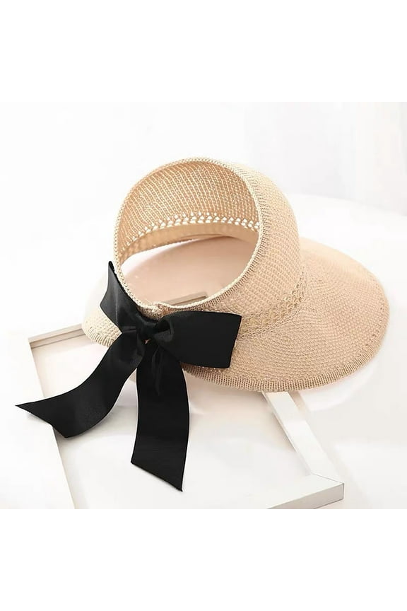 Straw Sun Visor for Women, Wide Brim Upf 50+ Protection Beach Hat, Adjustable, Roll Up Foldable Ponytail Cap Foldable Wide Brim Straw Hats Sun Visors for Women Bow Beach Hat Summer Beige