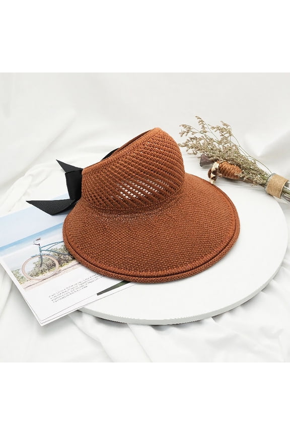Straw Sun Visor for Women, Wide Brim Upf 50+ Protection Beach Hat, Adjustable, Roll Up Foldable Ponytail Cap Foldable Wide Brim Straw Hats Sun Visors for Women Bow Beach Hat Summer Brown