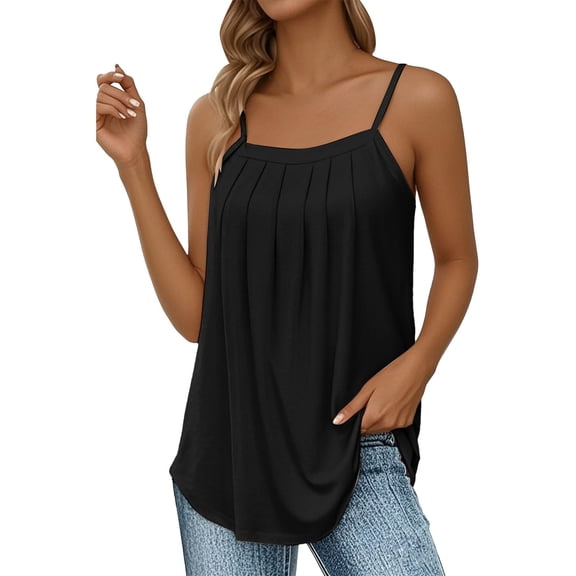 Pxiakgy Summer Camisole Tops for Women Loose Fit Pleated Square Neck Shirt Curved Vest Basic Cotton Tee Pleated Spaghetti Strap Camisole Loose Fit Casual Scoop Neck Sleeveless Shirts 2025 Black L