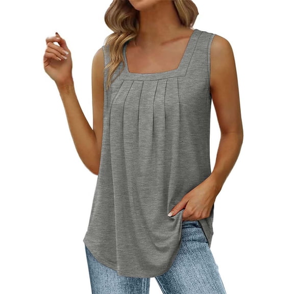 Pxiakgy Summer Tank Tops for Women Loose Fit Pleated Square Neck Sleeveless Tops Curved Hem Flowy Womens Summer Tops Square Neck Loose Short Sleeve Beach Vacation Outfits Sleeveless Blouses Grey 4Xl