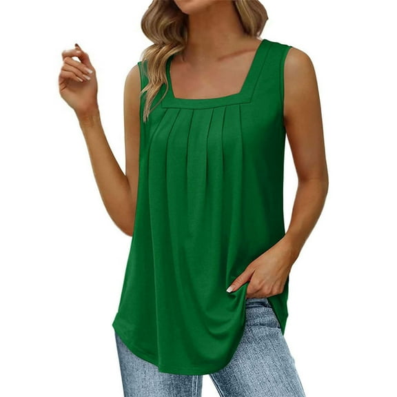 Pxiakgy Summer Tank Tops for Women Loose Fit Pleated Square Neck Sleeveless Tops Curved Hem Flowy Womens Summer Tops Square Neck Loose Short Sleeve Beach Vacation Outfits Sleeveless Blouses Green 4Xl