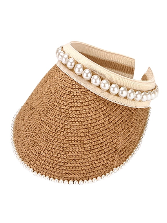 Sun Visors for Women Foldable Wide Brim Roll Up Beach Hats Sun Sun Hat Pearl Sun Visor Wide Brim Straw Sun Visor Hat Summer Uv Protection Beach Sun Cap Ponytail Beach Hat Khaki One Size