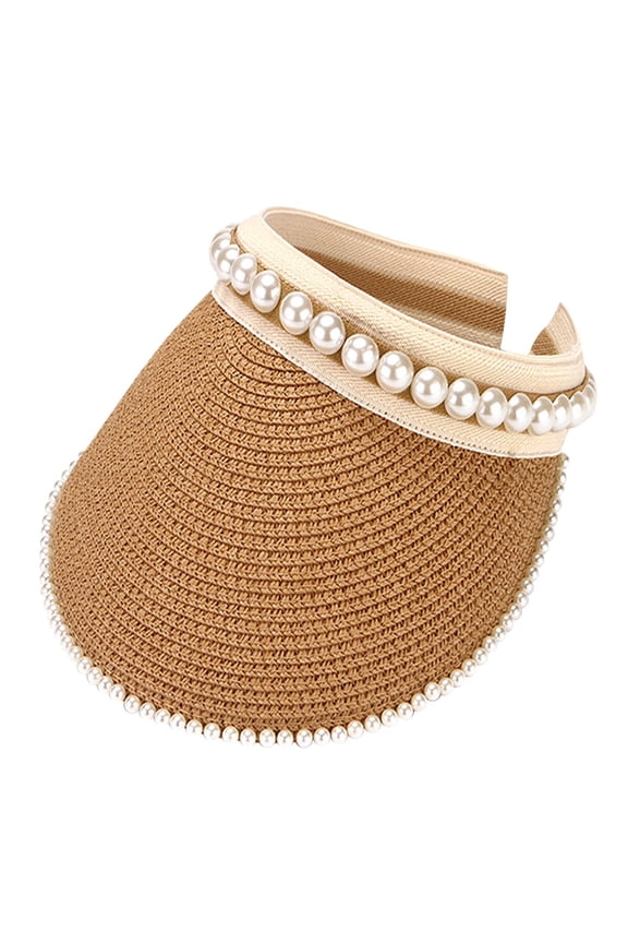 Sun Visors for Women Foldable Wide Brim Roll Up Beach Hats Sun Sun Hat Pearl Sun Visor Wide Brim Straw Sun Visor Hat Summer Uv Protection Beach Sun Cap Ponytail Beach Hat Khaki One Size