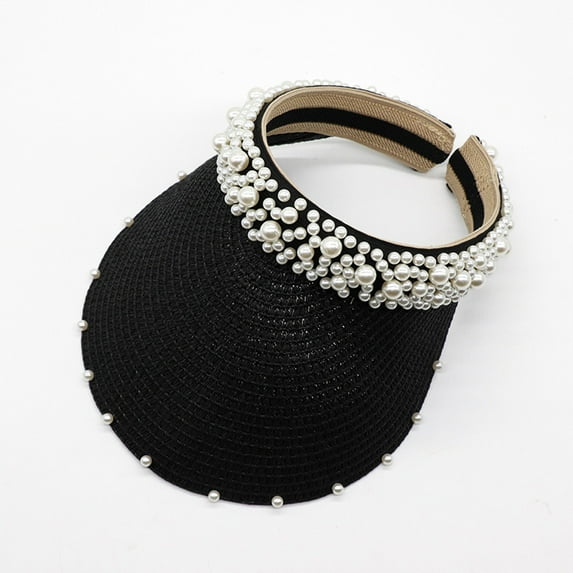 Pxiakgy Sun Visors for Women Sun Hat Pearl Sun Visor Wide Brim Straw Sun Visor Hat Summer Uv Protection Beach Sun Cap Ponytail Beach Hat Pearl Hollow Sunhat Headband Hat Woven Caps Black