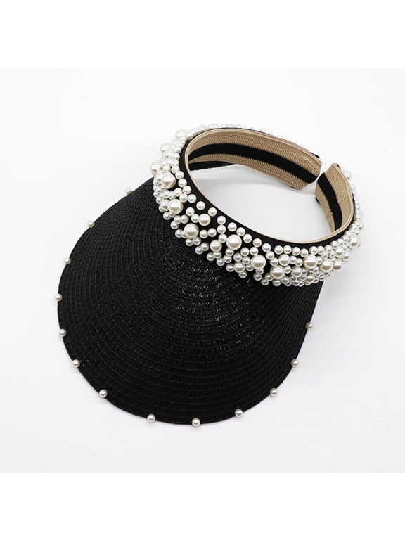Sun Visors for Women Sun Hat Pearl Sun Visor Wide Brim Straw Sun Visor Hat Summer Uv Protection Beach Sun Cap Ponytail Beach Hat Pearl Hollow Sunhat Headband Hat Woven Caps Black