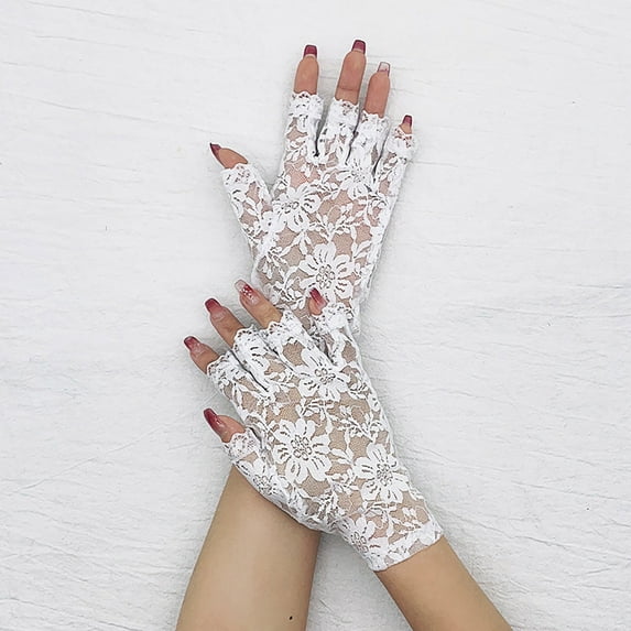 Pxiakgy Sunblock Lace Floral Wedding Tea Party Vintage Fingerless Mesh Gloves for Bridal Prom 1 Pair Women's Lace Gloves Fingerless Gloves Bridal Prom Gloves for Wedding Costume Accessories White