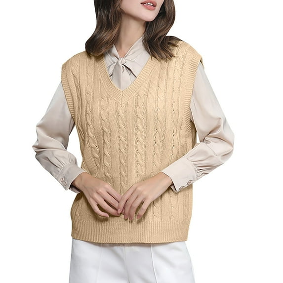Pxiakgy Sweater Vest for Women V Neck Ladies' Solid Color Knit Vest Pullover V Neck Vest Sweater Sleeveless Vest Sleeveless Knit Solid Casual Ribbed Preppy Pullover Tops Khaki M