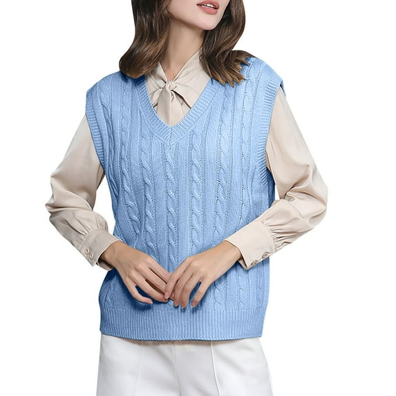 Pxiakgy Sweater Vest for Women V Neck Ladies' Solid Color Knit Vest Pullover V Neck Vest Sweater Sleeveless Vest Sleeveless Knit Solid Casual Ribbed Preppy Pullover Tops Blue Xxl