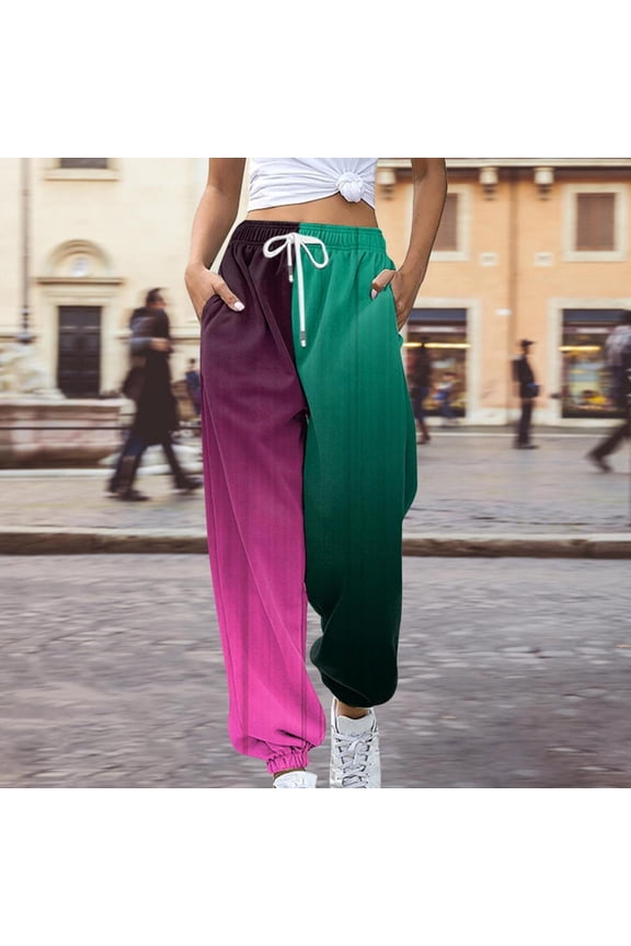 Sweatpants for Womens Loose Breathable Color Blocking Gradient Side Pockets Leg Opening Drawstring Casual Pants Baggy Lounge Pants Workout Gym Active High Waisted Comfy Joggers for Women