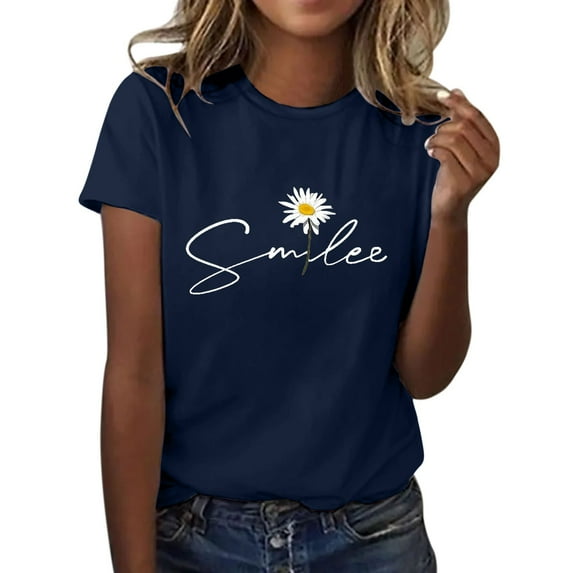 Pxiakgy T Shirts for Women Crewneck Boho Flowers Wildflowers Graphic Tees 2025 Summer Cute Shirts Short Sleeve Tops Letter Printed Shirt Round Neck Top Lightweight Soft T Shirt Navy Xl