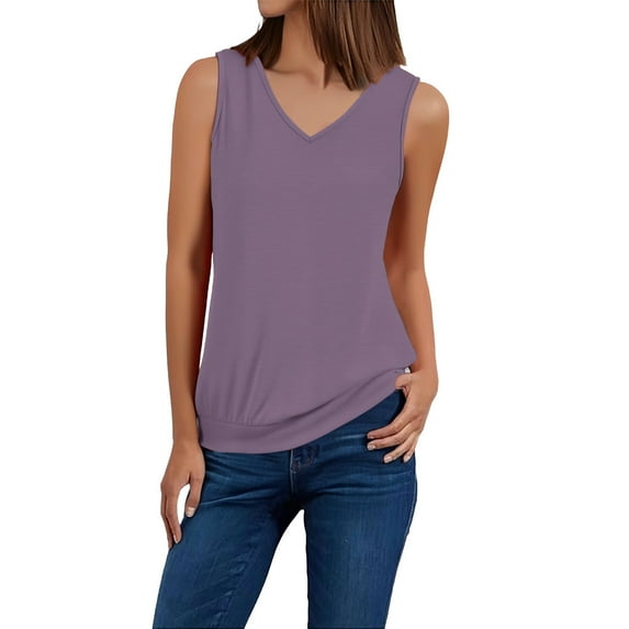 Pxiakgy Tank Top for Women V Neck Summer Sleeveless T Shirt Tunic Casual Loose Fit Blouses Ladies' Fashionable and Simple Summer Vest Top Casual Solid Color Sleeveless Top Purple L