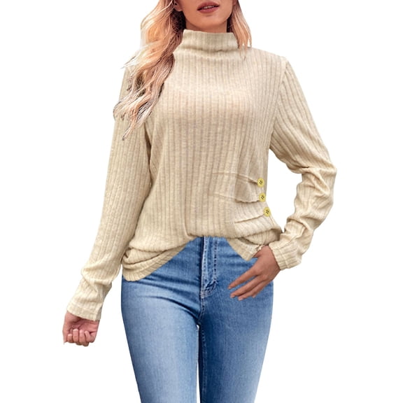 Pxiakgy Turtleneck Sweater Women Side Button Knit Long Sleeve Shirts Tops Slim Fit Tunic Oversized Sweaters Cozy Winter Tops Solid Color Round Neck Soft Sweaters Button Up Lightweight Beige Xxl