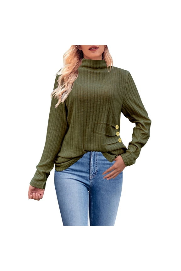 Turtleneck Sweater Women Side Button Knit Long Sleeve Shirts Tops Slim Fit Tunic Oversized Sweaters Cozy Winter Tops Solid Color Round Neck Soft Sweaters Button Up Lightweight Blackish Green L