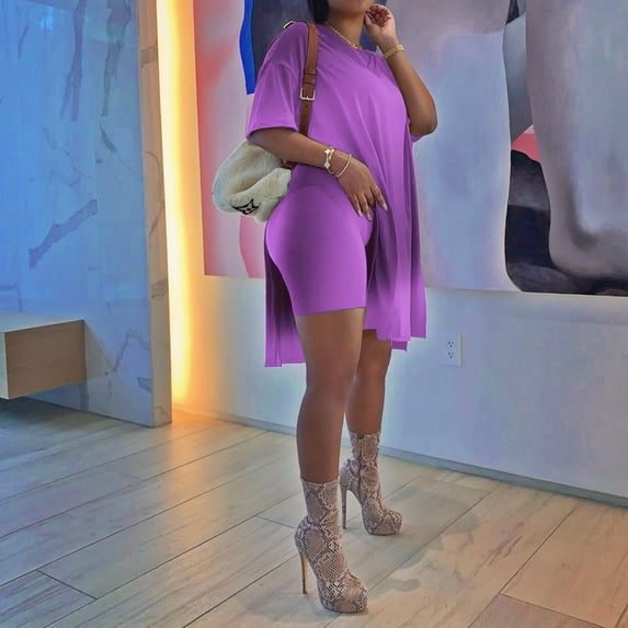 Pxiakgy Two Piece Outfits for Women Short Sleeve Casual Basic Shorts Set Purple + XL