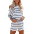 thumbnail image 1 of Pxiakgy Two Piece Sets for Women Fall Going Out Striped Lounge Set Casual Striped Ladies Tops and Shorts Long Sleeves and Round Neck Stylish Comfortable European and American Style Clothing Blue L, 1 of 9