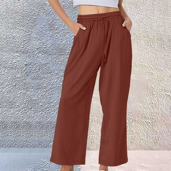 Pxiakgy Wide Leg Pants Linen Women's Pure Cotton and Linen Wide Leg Pants Baggy Elastic Waistband with Pockets Fashionable Pants Summer Loose Palazzo Pants High Waisted Lounge Beach Casual Trousers