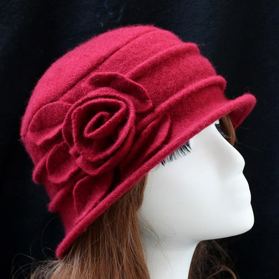 Pxiakgy Winter Cloche Bucket Hat for Women Elegant Dress 1920S Vintage Fedora Hats Church Derby Party Fashion,Beret Hat French Classic Winter Hat Elegant Bucket Cloche Hat Winter Flower Caps Red