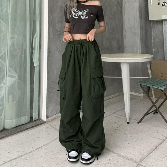 Pxiakgy Women Cargo Pants Baggy Y2K Clothing Multi Pockets High Waist Loose Straight Leg Pants Vintage Grunge Aesthetic Clothes Baggy Fit Cargo Pants with Pockets Green L