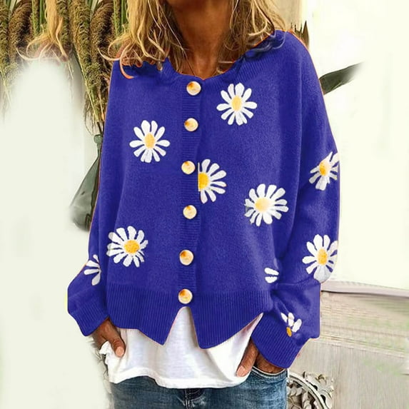 Pxiakgy Women Casual Long Sleeve Round Neck Button Cardigan Little Daisy Print Knitted Sweater Cardigan Blue2 + XL