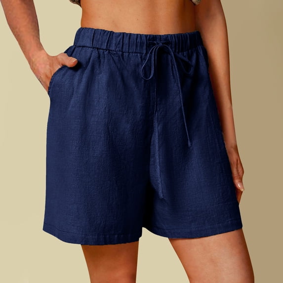 Pxiakgy Women Casual Solid High Waist Cotton And Linen Shorts Womens Elastic Waist Summer Shorts Dark blue + S