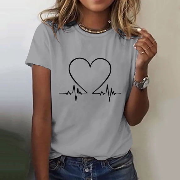 Pxiakgy Women Cute Heart Graphic Crewneck Short Sleeve Regular Fit Casual Tee T-Shirts Tshirt Tops Love Printed Shirt Short Sleeve Round Neck T Shirt Top Lightweight Soft Clothing Clothes Grey L