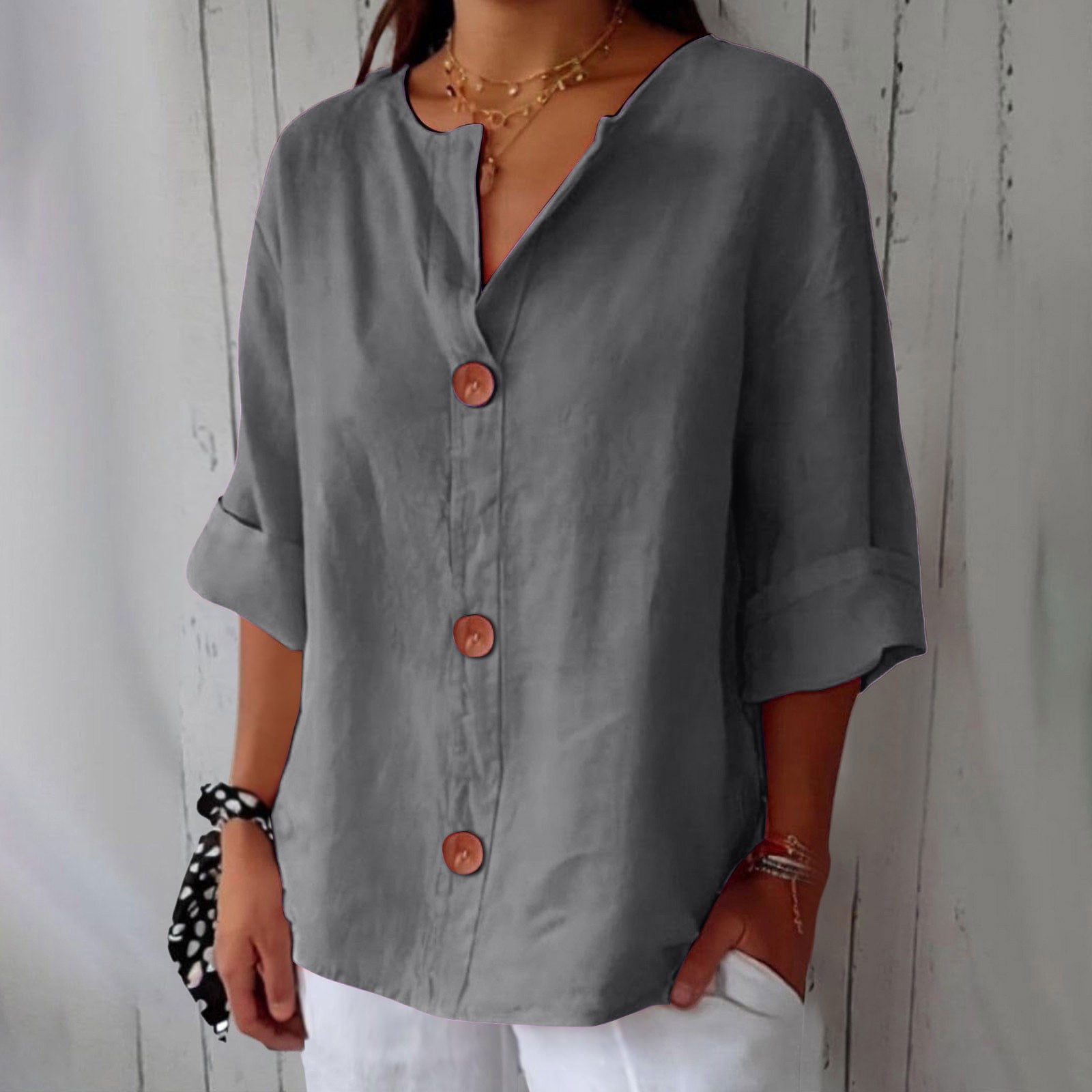 Pxiakgy Women Linen Button Down Shirt Rolled Cuffed Short Sleeve Blouse ...