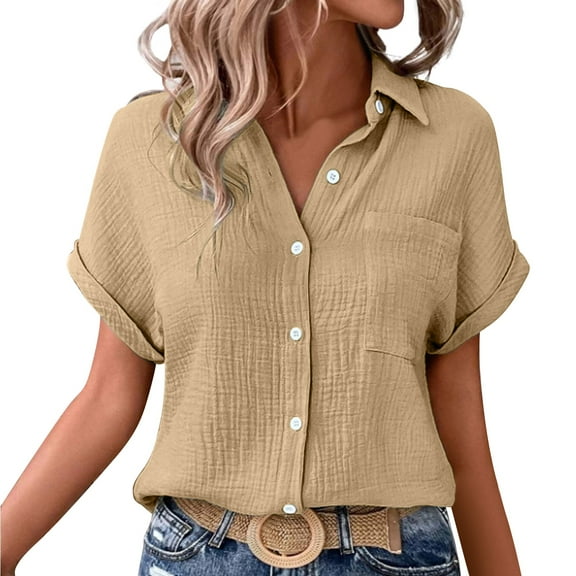 Pxiakgy Women Linen Button Down Shirt Rolled Cuffed Short Sleeve Blouse Ladies Summer Casual V Neck Beach Double Layer Wrinkled Fabric Tops Batwing Sleeve Pocket Patched Shirt Khaki Xxl