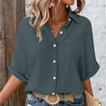 thumbnail image 1 of Pxiakgy Women Linen Shirts Button Down Cotton Short Sleeve Blouses V Neck Collared Button-Up Gauze Tops Wrinkled Fabric Blouse Fashionable and Casual Single Pocket Slit Mid Sleeved Top Shirt, 1 of 9