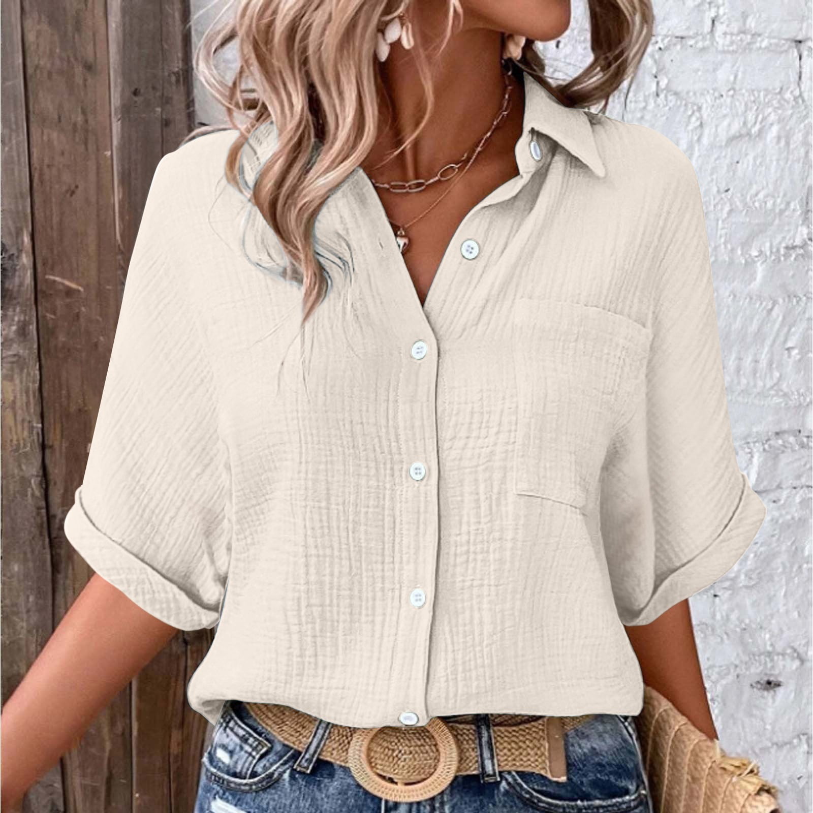 Pxiakgy Women Linen Shirts Button Down Cotton Short Sleeve Blouses V ...
