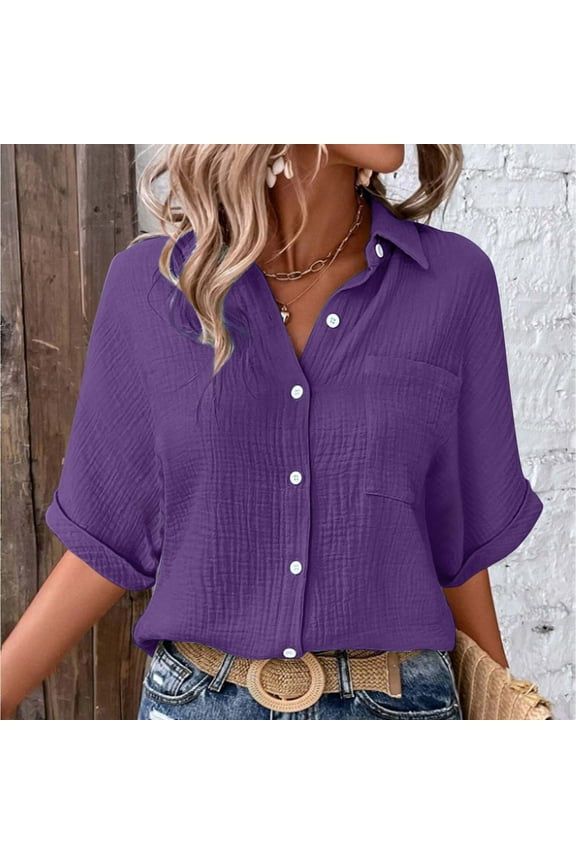 Women Linen Shirts Button Down Cotton Short Sleeve Blouses V Neck Collared Button-Up Gauze Tops Wrinkled Fabric Blouse Fashionable and Casual Single Pocket Slit Mid Sleeved Top Shirt Purple L