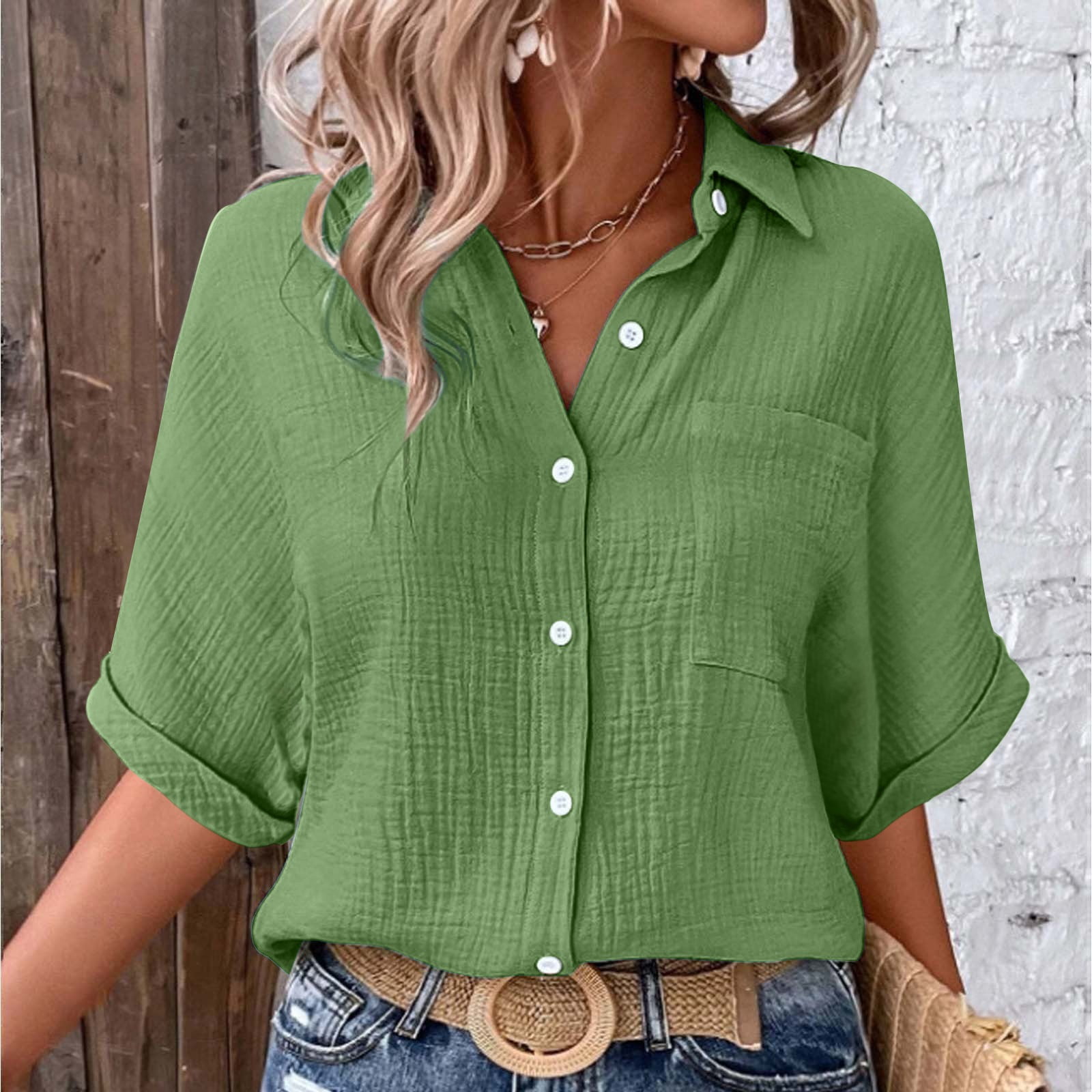 Pxiakgy Women Linen Shirts Button Down Cotton Short Sleeve Blouses V ...