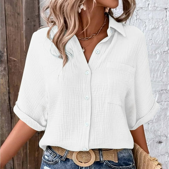 Pxiakgy Women Linen Shirts Button Down Cotton Short Sleeve Blouses V Neck Collared Button-Up Gauze Tops Wrinkled Fabric Blouse Fashionable and Casual Single Pocket Slit Mid Sleeved Top Shirt