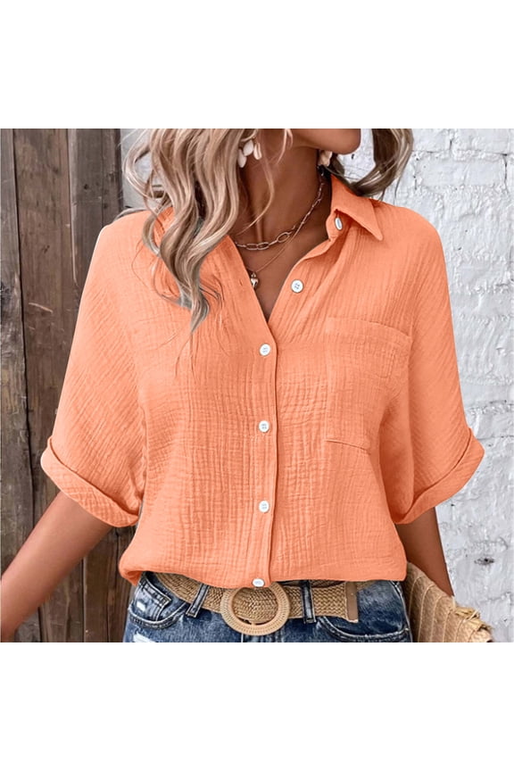Women Linen Shirts Button Down Cotton Short Sleeve Blouses V Neck Collared Button-Up Gauze Tops Wrinkled Fabric Blouse Fashionable and Casual Single Pocket Slit Mid Sleeved Top Shirt