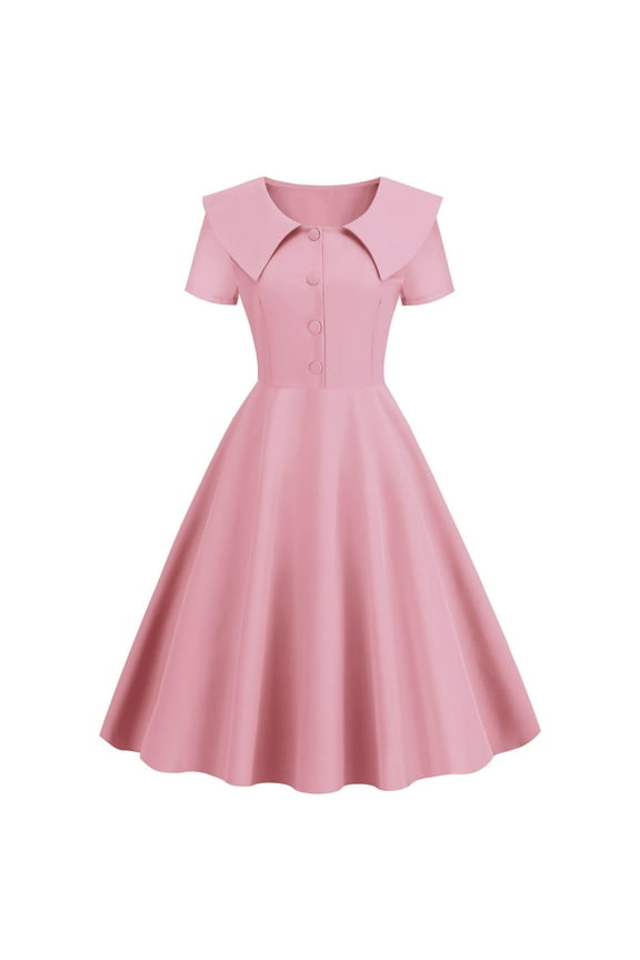Women Party Casual Solid Short Sleeve 1950s Housewife Evening Party Prom Dress Womens Dresses Pink L