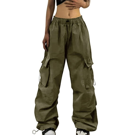 Pxiakgy Women Quick-Dry Cargo Pants Y2K Wide Leg Baggy Pants Lightweight Hiking Pants Streetwear with Drawstring Women Elastic High Waist Cargo Pants Multiple Pockets Jogger Pant Green L