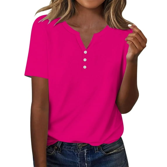Pxiakgy Women’S Short Sleeve Henley T Shirts Women's Fashion Casual Solid Color Button Short Sleeve Top T Shirt Button Down Loose Fit Tops V Neck Ribbed Knit Shirts Hot Pink S