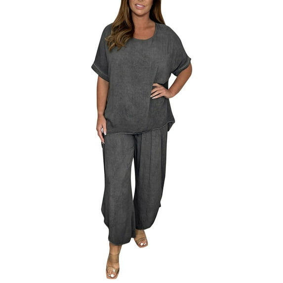 Pxiakgy Women Suit Fashion Comfortable Short Sleeve And Long Pants Solid Colortop And Pants Set Cotton And Linen Grey + 4XL