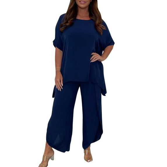 Pxiakgy Women Suit Fashion Comfortable Short Sleeve And Long Pants Solid Colortop And Pants Set Cotton And Linen Navy + 5XL