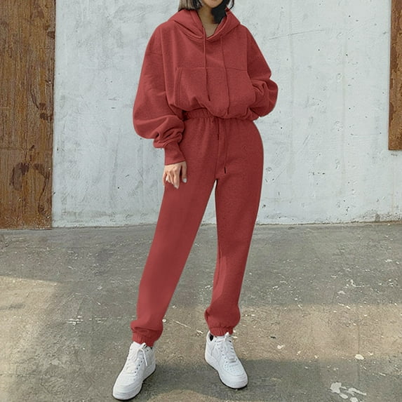 Pxiakgy Women Two-piece Hoodies Suit Winter Spring Solid Casual Tracksuit Sports Sweatshirts Pullover Home Sweatpants Outfits Red + M