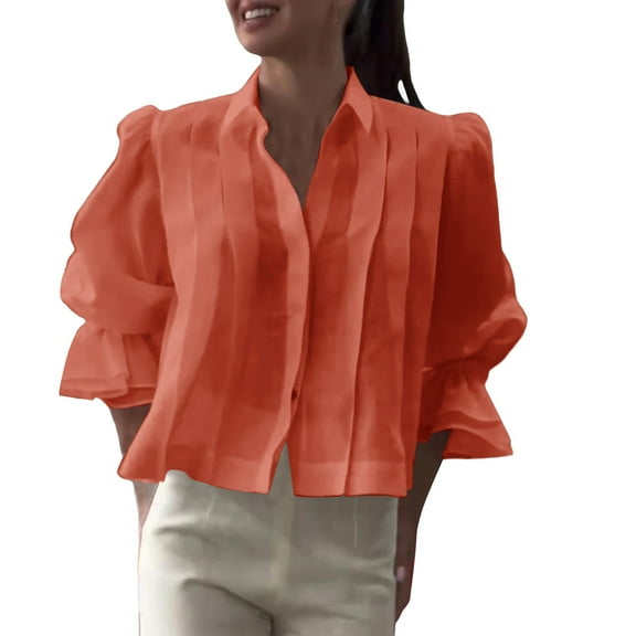 Pxiakgy Women's 3/4 Ruffle Sleeve Tops Trendy Cropped Button Down Shirt Blouse Dressy Fashion Clothes 2025 Shirt for Women Button Down Cotton Linen Shirts Lapel Collar Blouse Watermelon Red Xxl